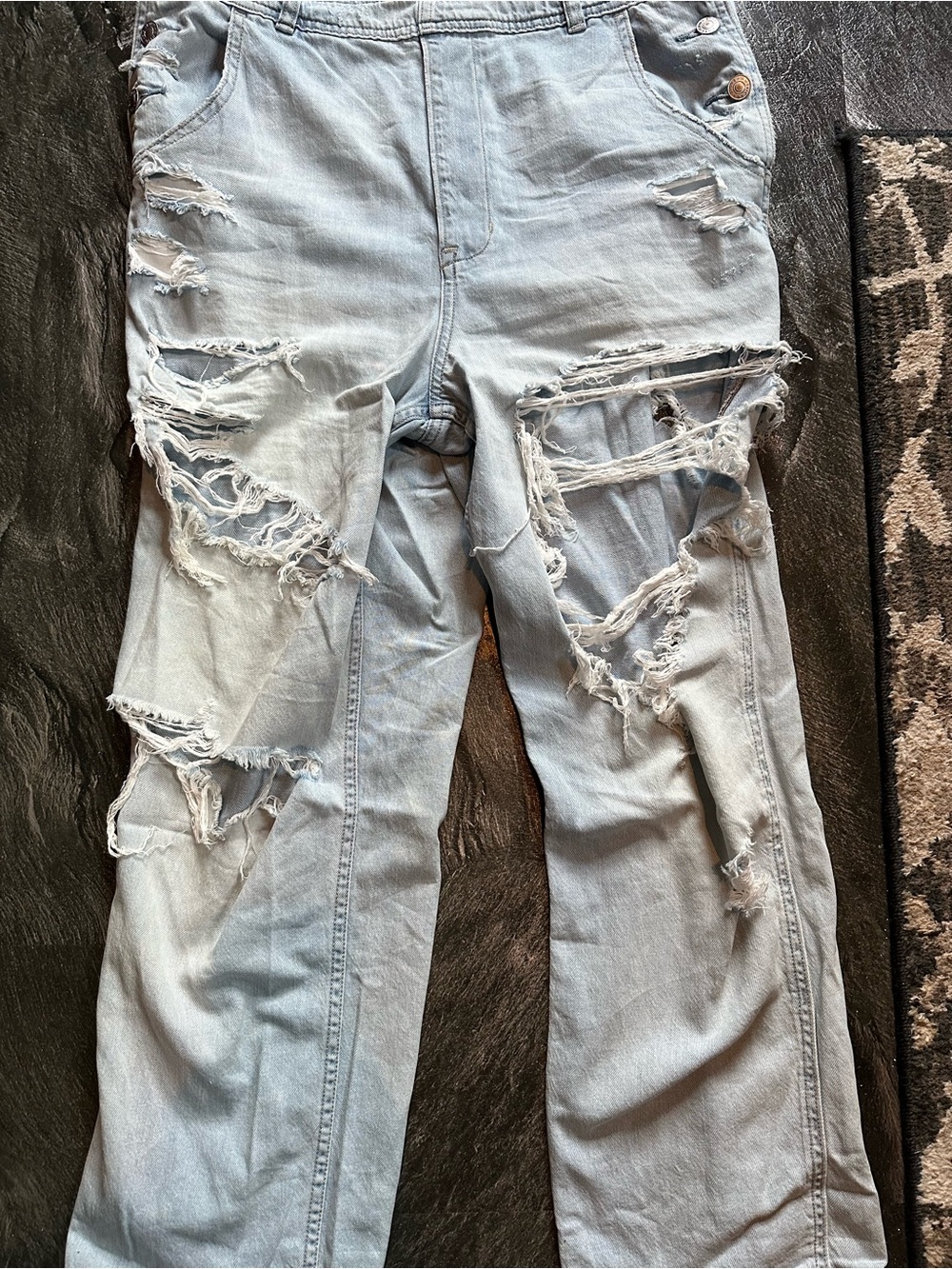 American Eagle Outfitters Light Wash Distressed Denim Overalls - Picture 3 of 13